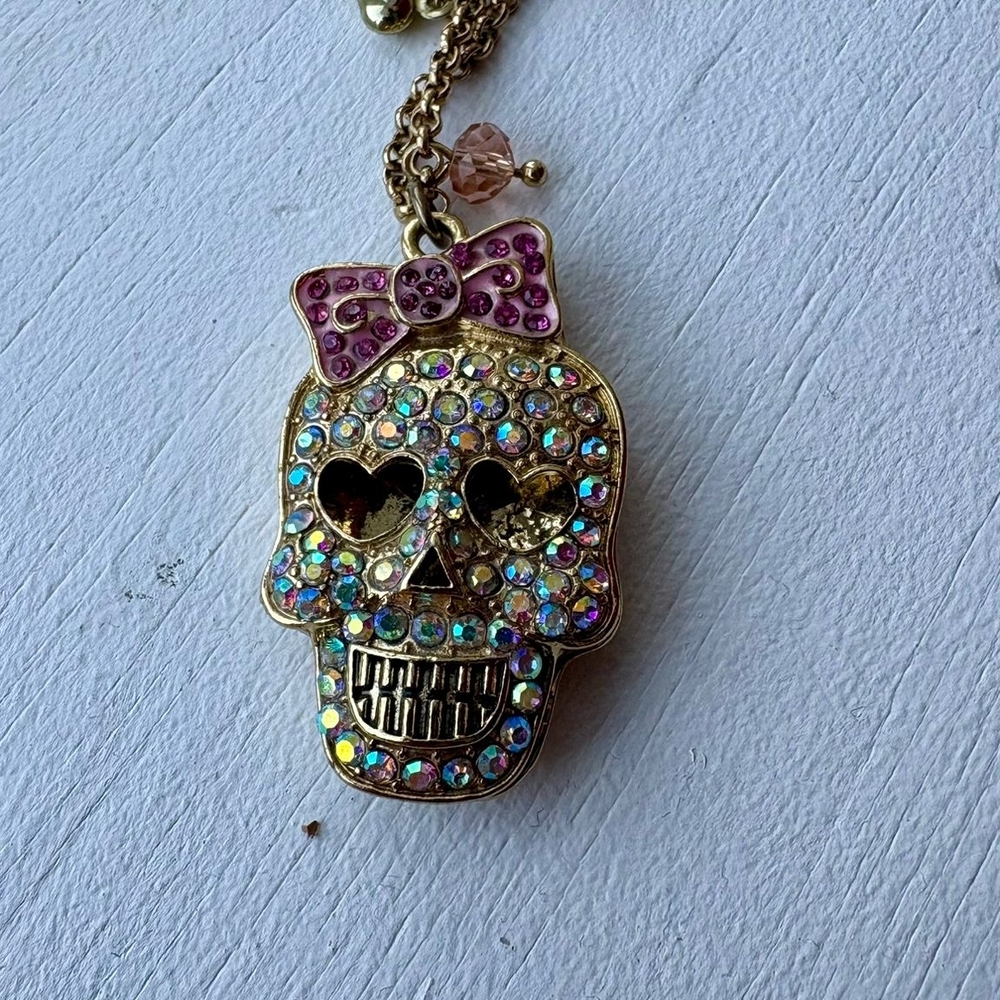Betsey Johnson Pink and Gold Skull Necklace
